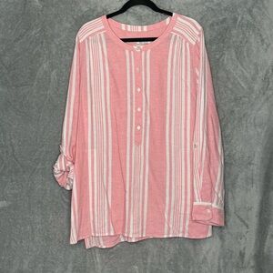 Denim&Co Pink and White Boxy Blouse with Bib Collar